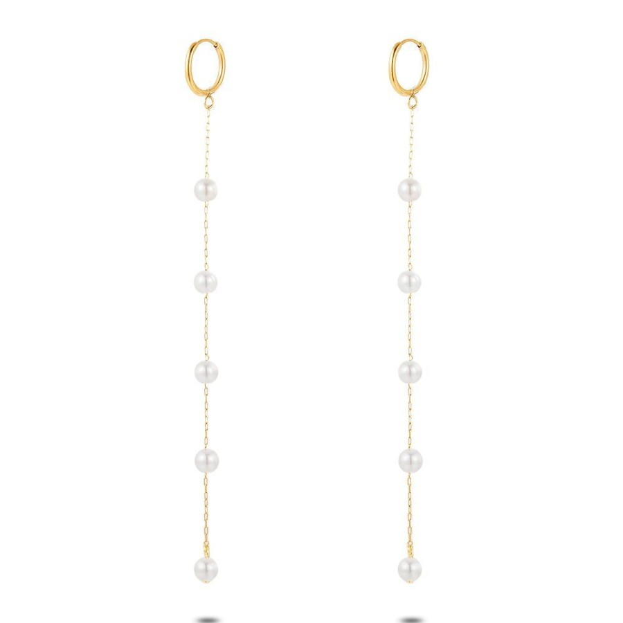 Women Twice As Nice | Gold Coloured Stainless Steel Earrings, Hoops, 5 Pearls On Chain