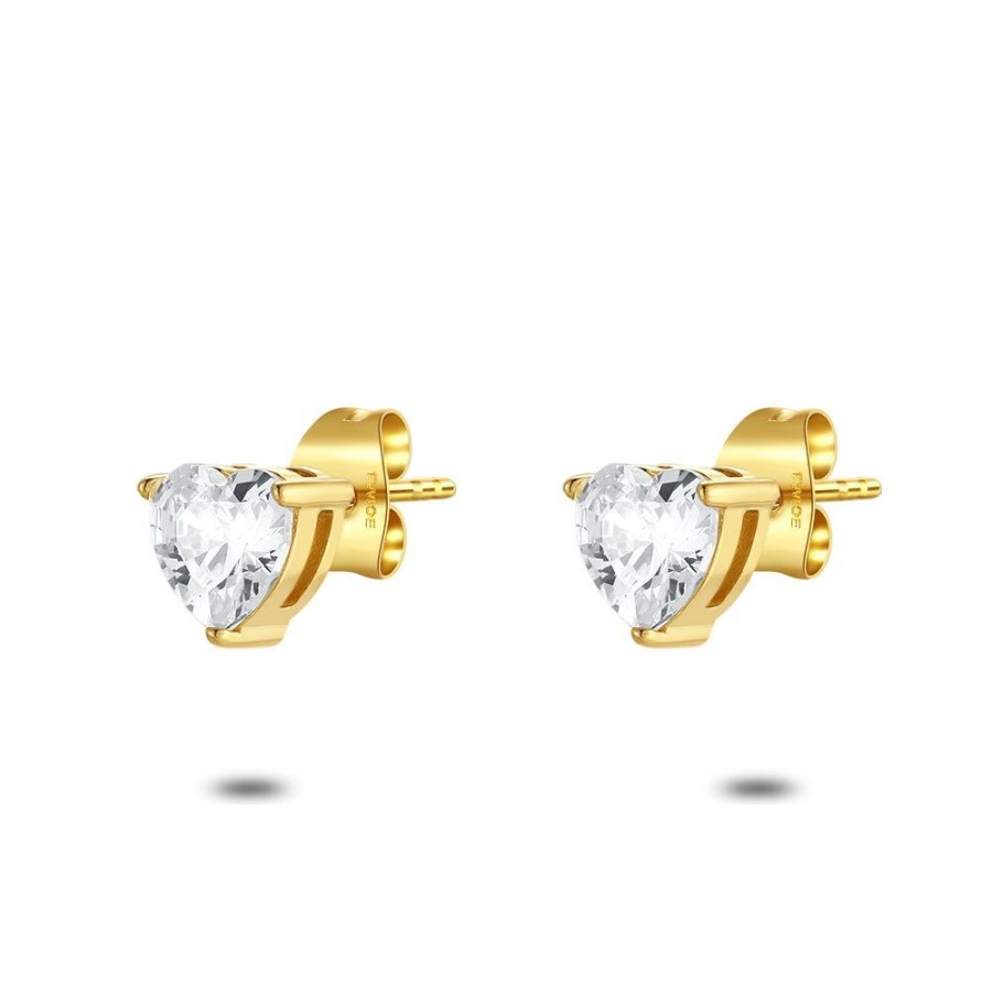 Women Twice As Nice | Gold Coloured Stainless Steel Earrings, Big Heart, Zirconia