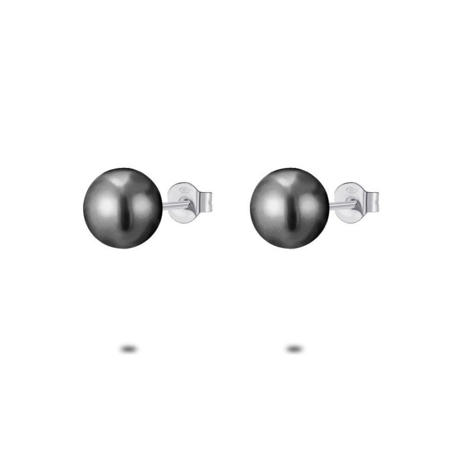 Women Twice As Nice | Silver Earrings, Grey Pearl, 10 Mm