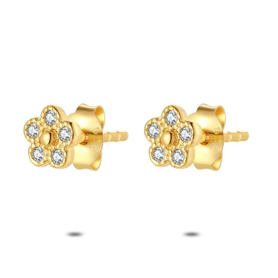 Women Twice As Nice | Earrings In 18Ct Plaque Gold, Flower, 5 Zirconia, 5 Mm