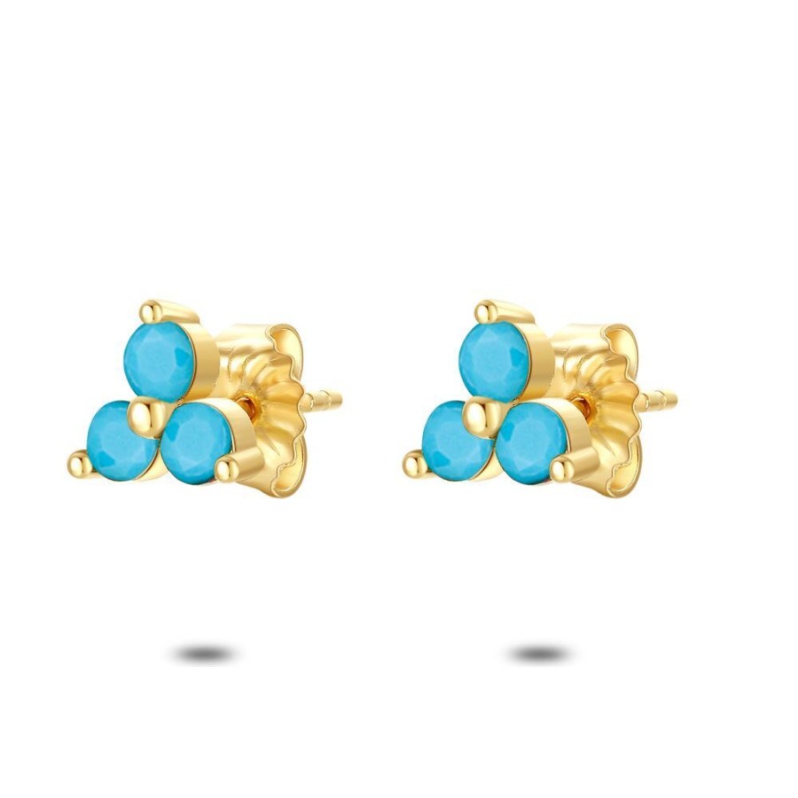 Women Twice As Nice | 18Ct Gold Plated Silver Earrings, 3 Round Zirconia, Turquoise