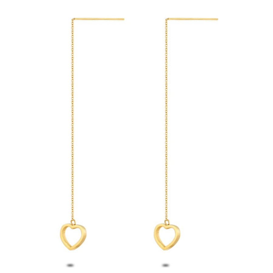 Women Twice As Nice | Gold Coloured Stainless Steel Earrings, Open Heart On Chain