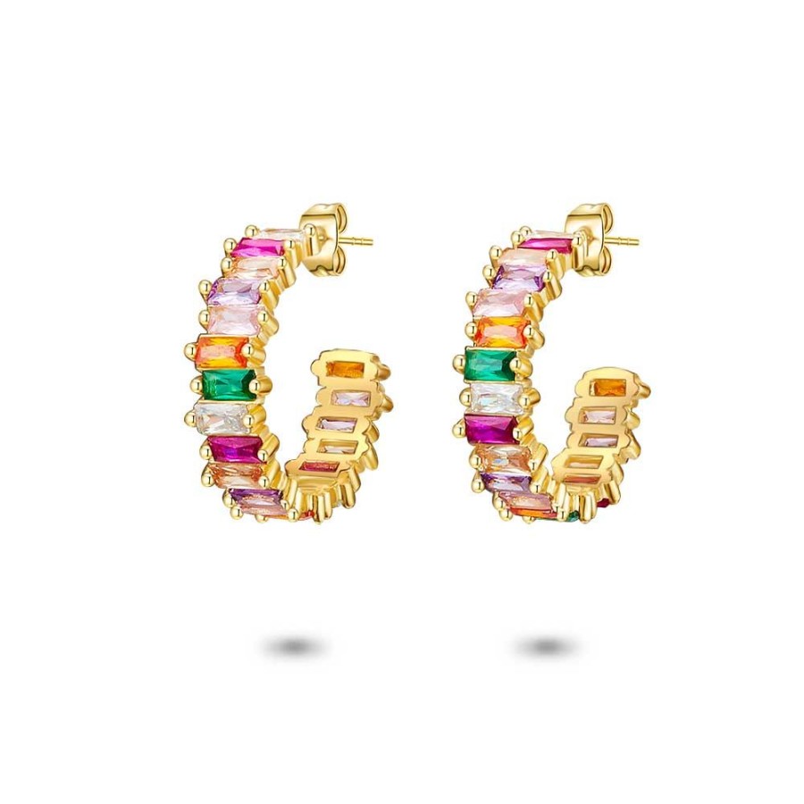 Women Twice As Nice | 18Ct Gold Plated Silver Earrings, Open Hoop, Multicoloured Emerald Cut Zirconia, Zigzag