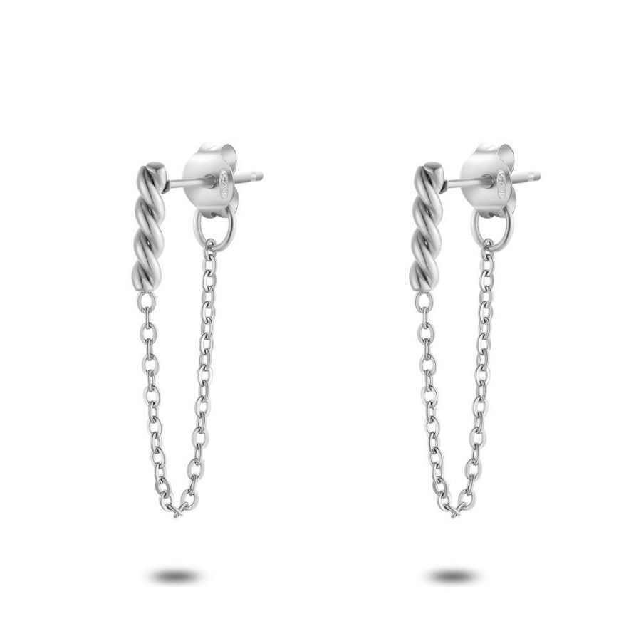 Women Twice As Nice | Stainless Steel Earrings, Twisted Bar On Chain