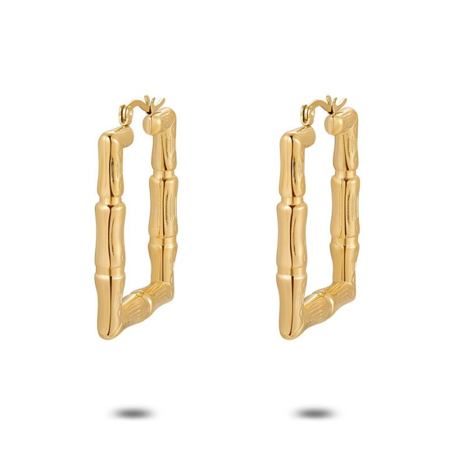 Women Twice As Nice | Gold Coloured Stainless Steel Earrings, Hoops, Rectangular With Drawing