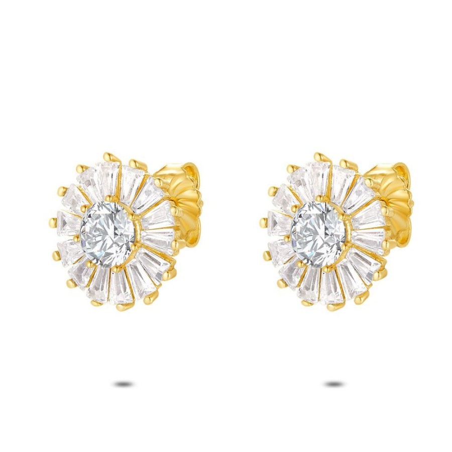 Women Twice As Nice | 18Ct Gold Plated Silver Earrings, Round, Trapezian Zirconia