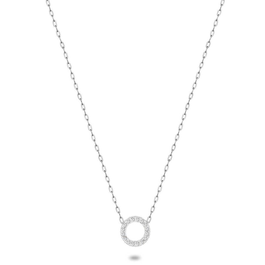 Women Twice As Nice | Stainless Steel Necklace, Open Circle, White Crystals