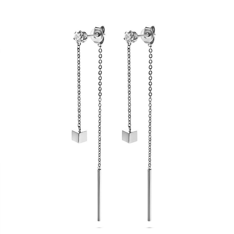 Women Twice As Nice | Stainless Steel Earrings, 1 Crystal With Chain And Cube, Chain With Bar