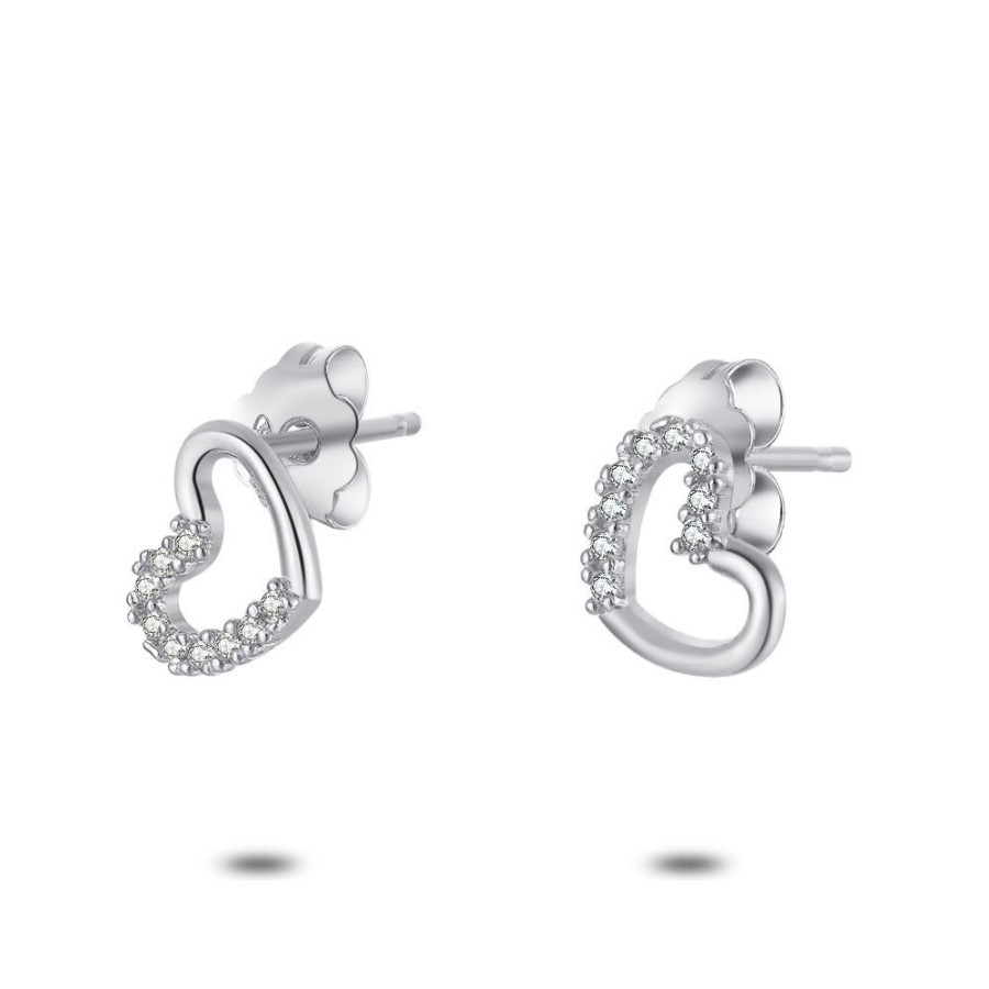 Women Twice As Nice | Silver Earrings, Open Heart, Half With Zirconia