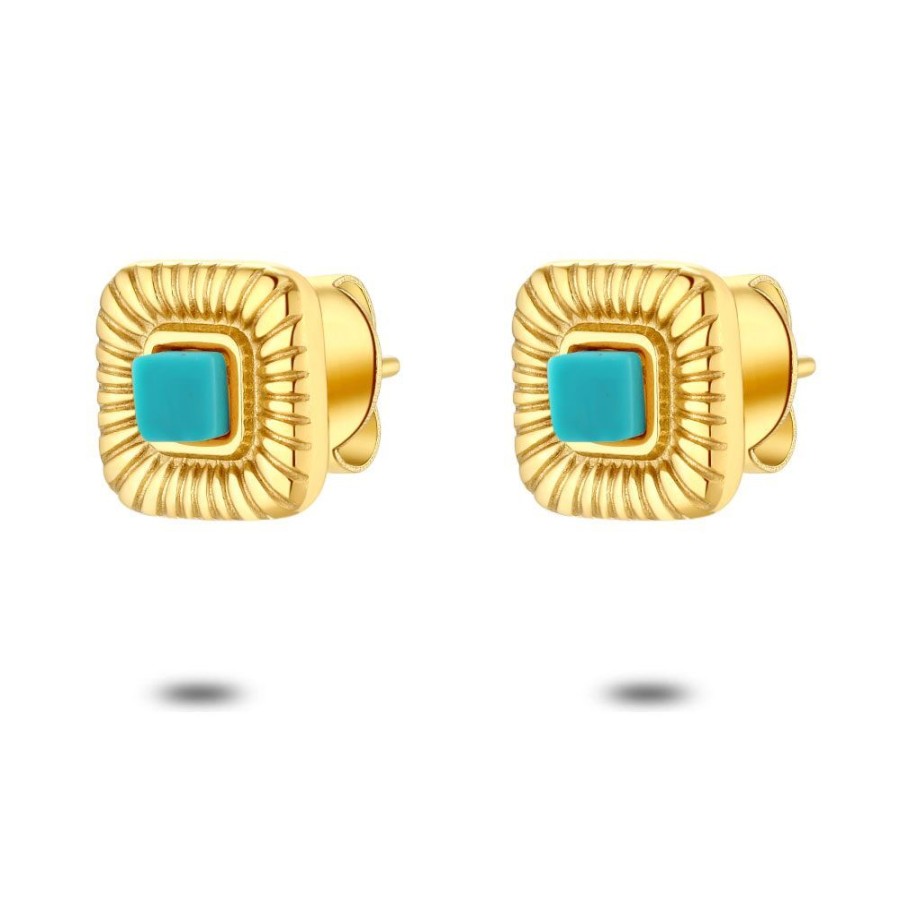 Women Twice As Nice | Gold Coloured Stainless Steel Earrings, Amazonite Stone, Square