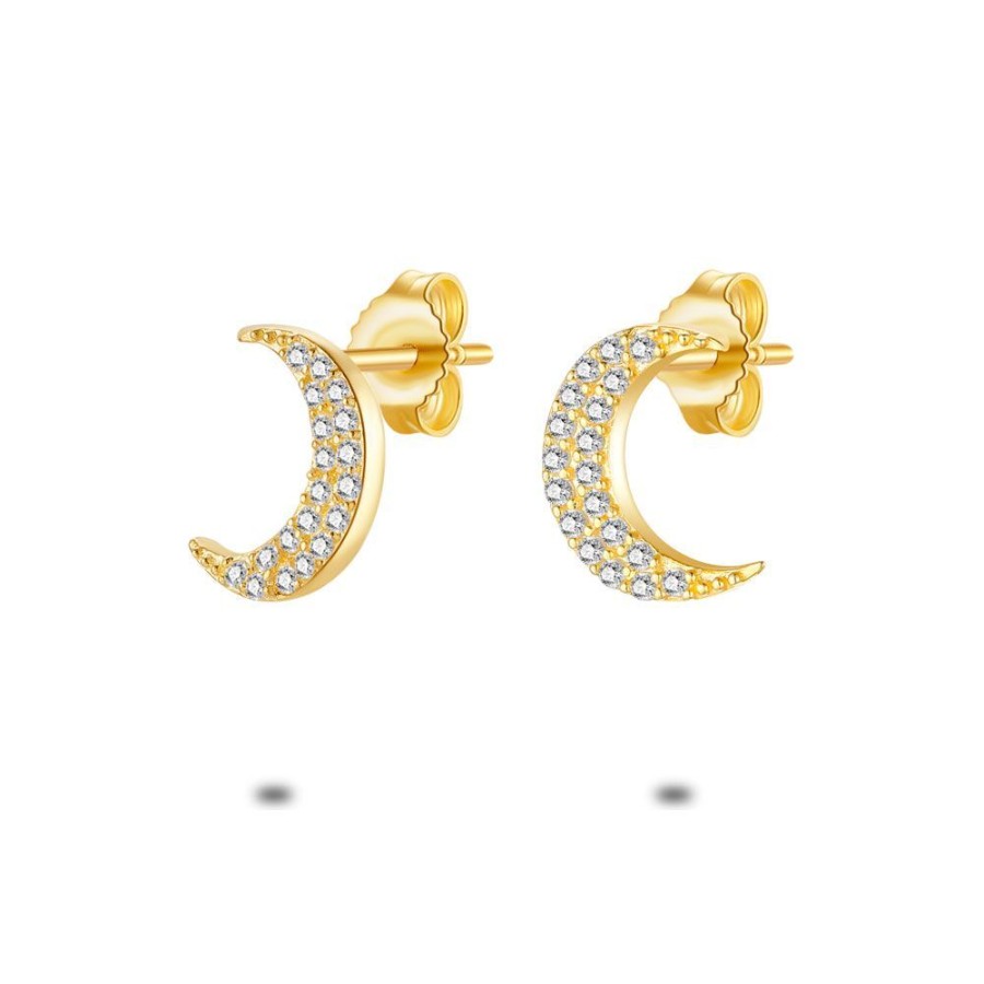 Women Twice As Nice | 18Ct Gold Plated Silver Earrings, Moon With Zirconia