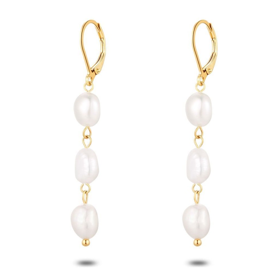 Women Twice As Nice | Gold Coloured Stainless Steel Earrings, 3 Pearls On Hook