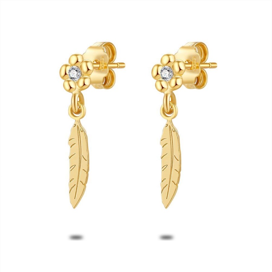 Women Twice As Nice | 18Ct Gold Plated Silver Earrings, Flower And Feather, Zirconia