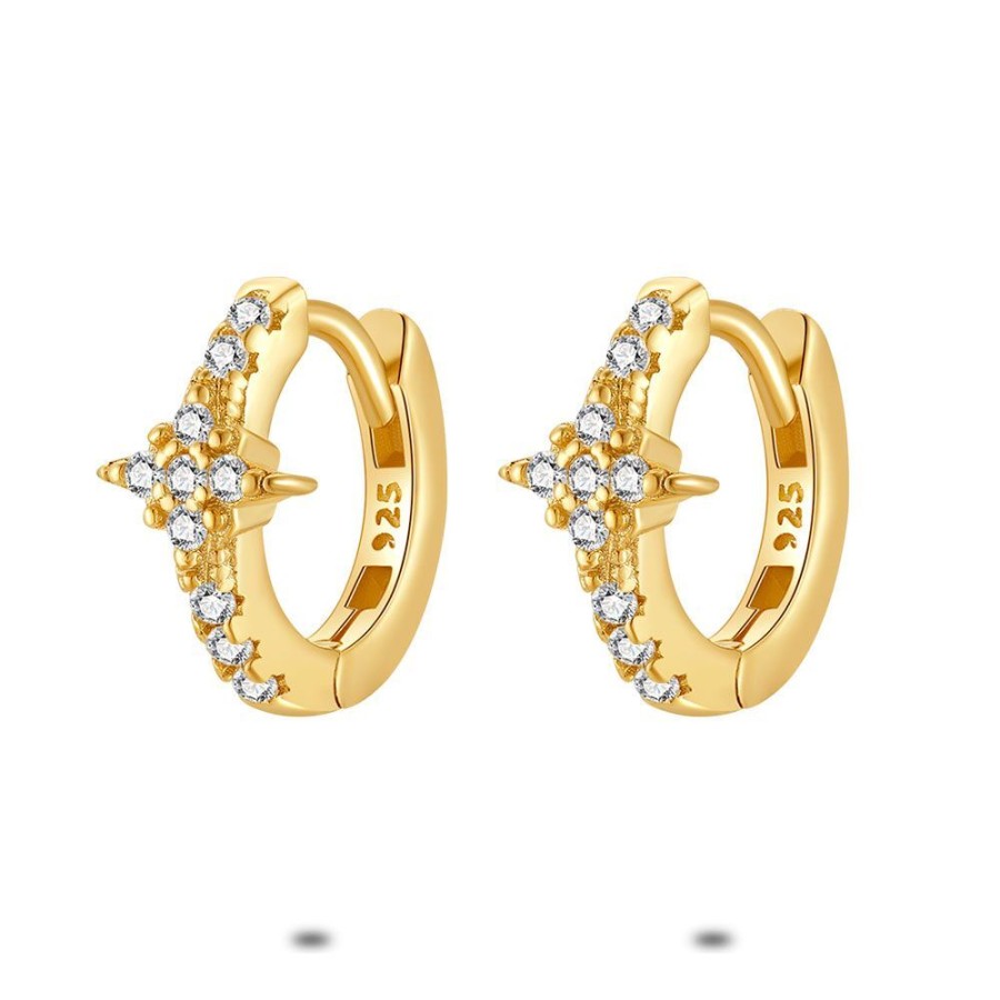 Women Twice As Nice | 18Ct Gold Plated Silver Hoop Earrings, Star With Zirconia