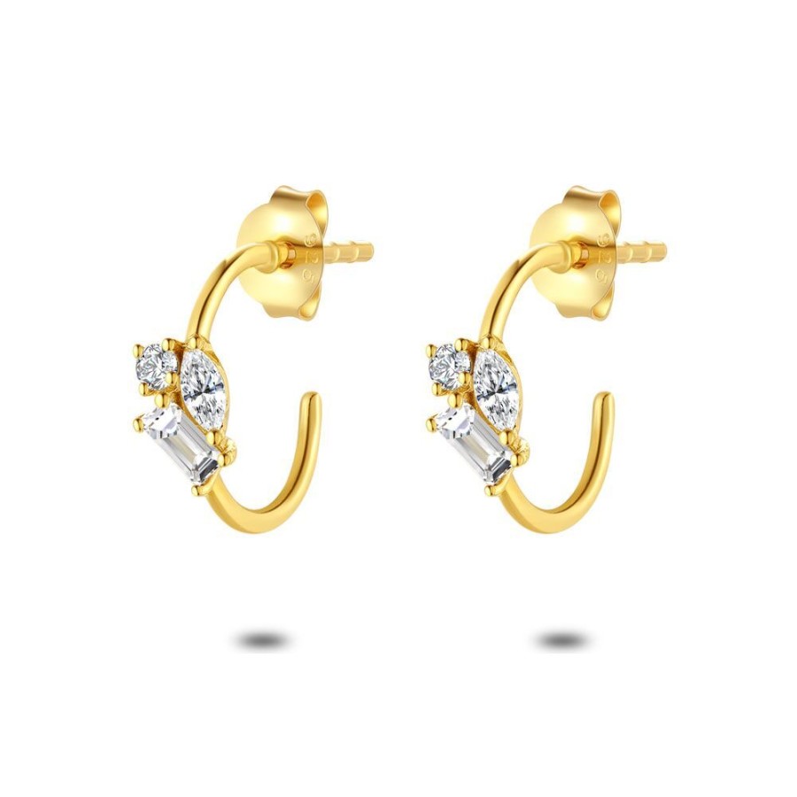 Women Twice As Nice | 18Ct Gold Plated Silver Earrings, Open Hoops, 3 Zirconia