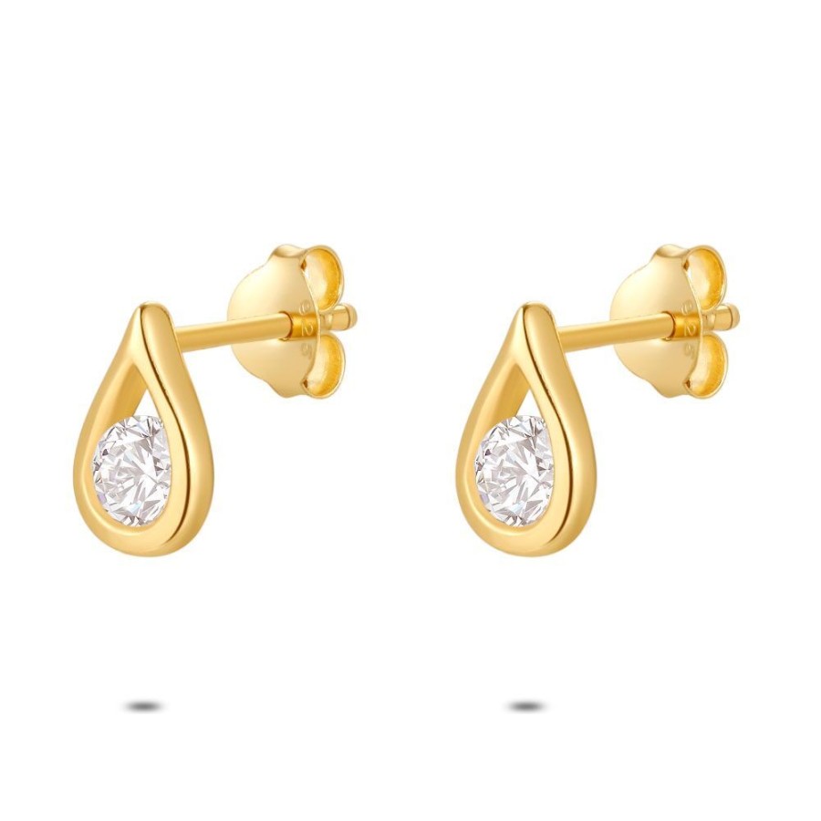 Women Twice As Nice | 18Ct Gold Plated Silver Earrings, Open Drop With 1 Zirconia