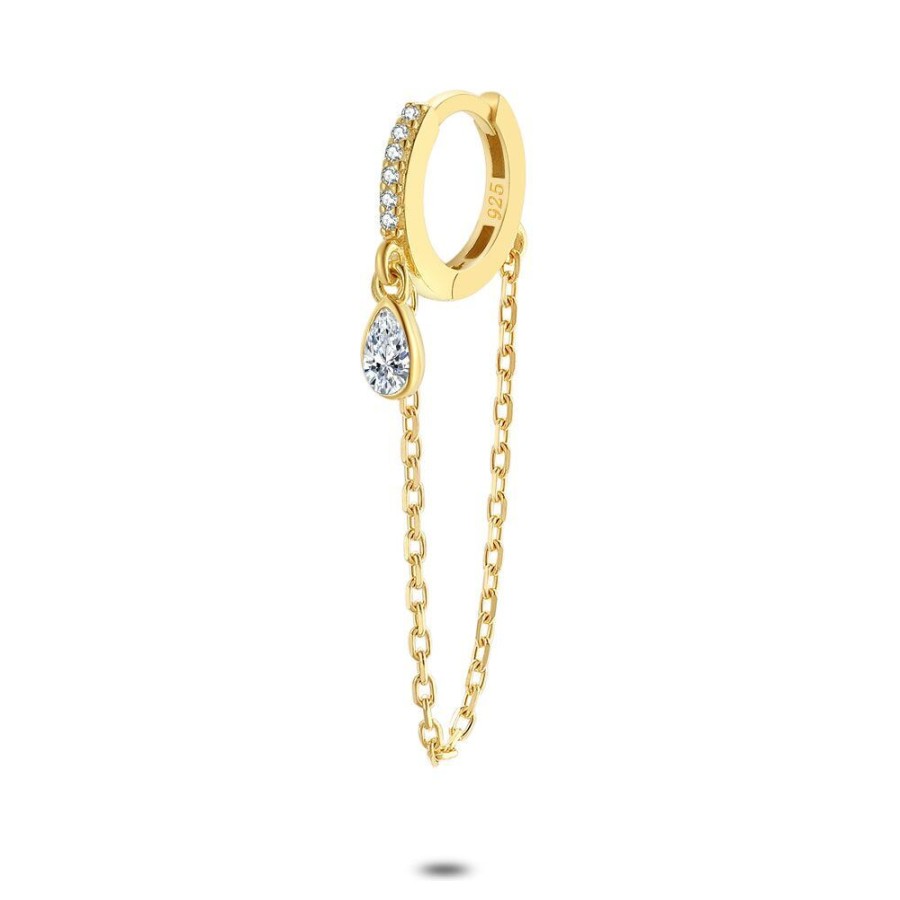 Women Twice As Nice | Earring Per Piece In 18Ct Gold-Plated Silver, Hoop With Zirconia, Chain