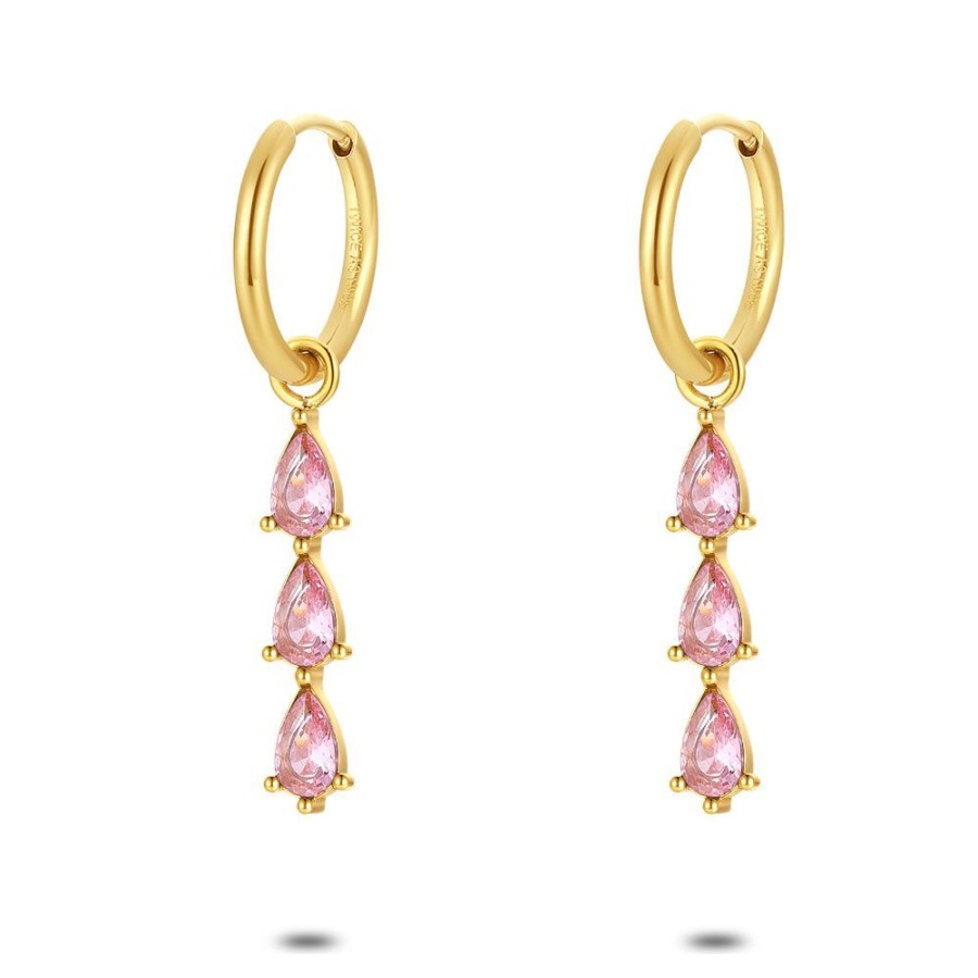 Women Twice As Nice | Gold Coloured Stainless Steel Earrings, Hoop With 3 Drop-Shaped Pink Zirconia Stones