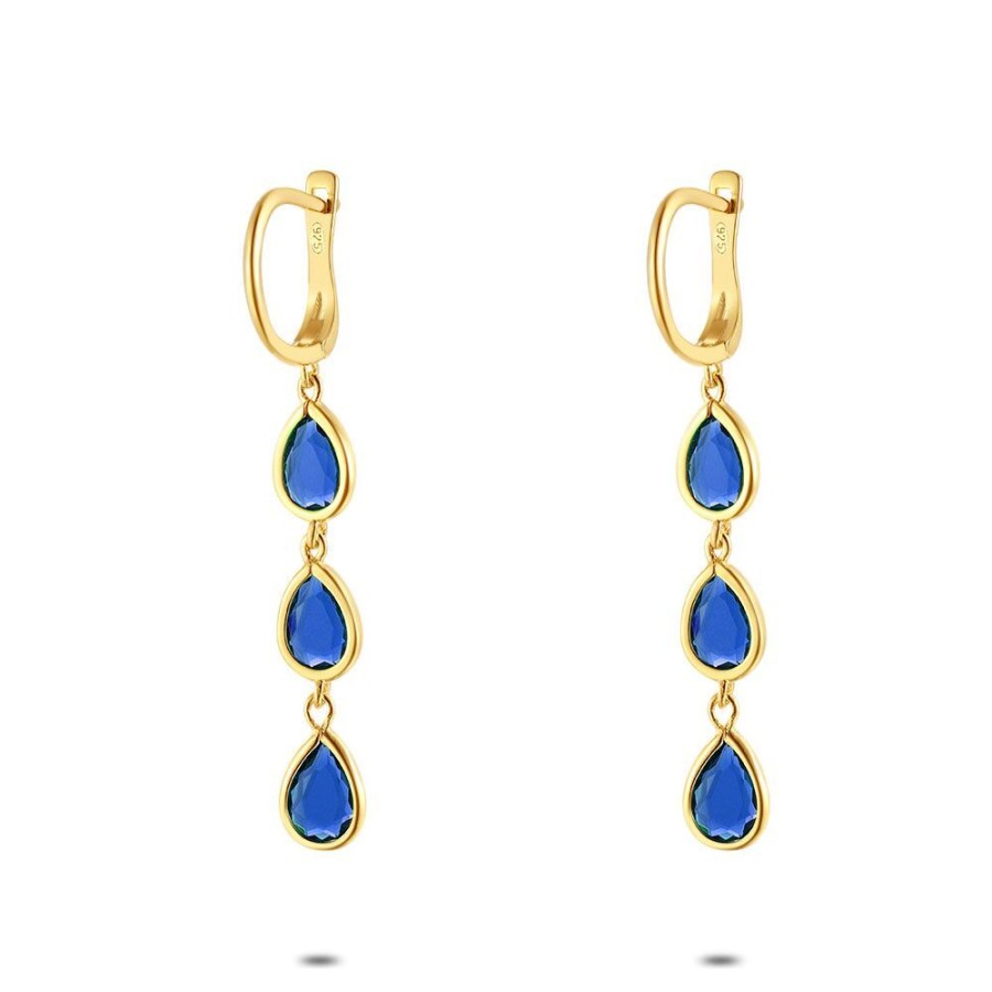 Women Twice As Nice | 18Ct Gold Plated Silver Earrings, Blue Zirconia