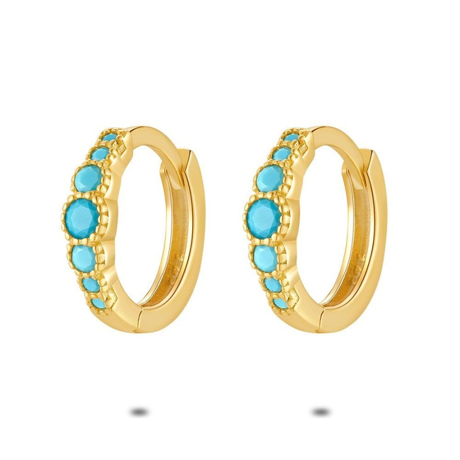 Women Twice As Nice | 18Ct Gold Plated Silver Earrings, 7 Turquoise Stones, Hoops, 7 Zirconia Stones