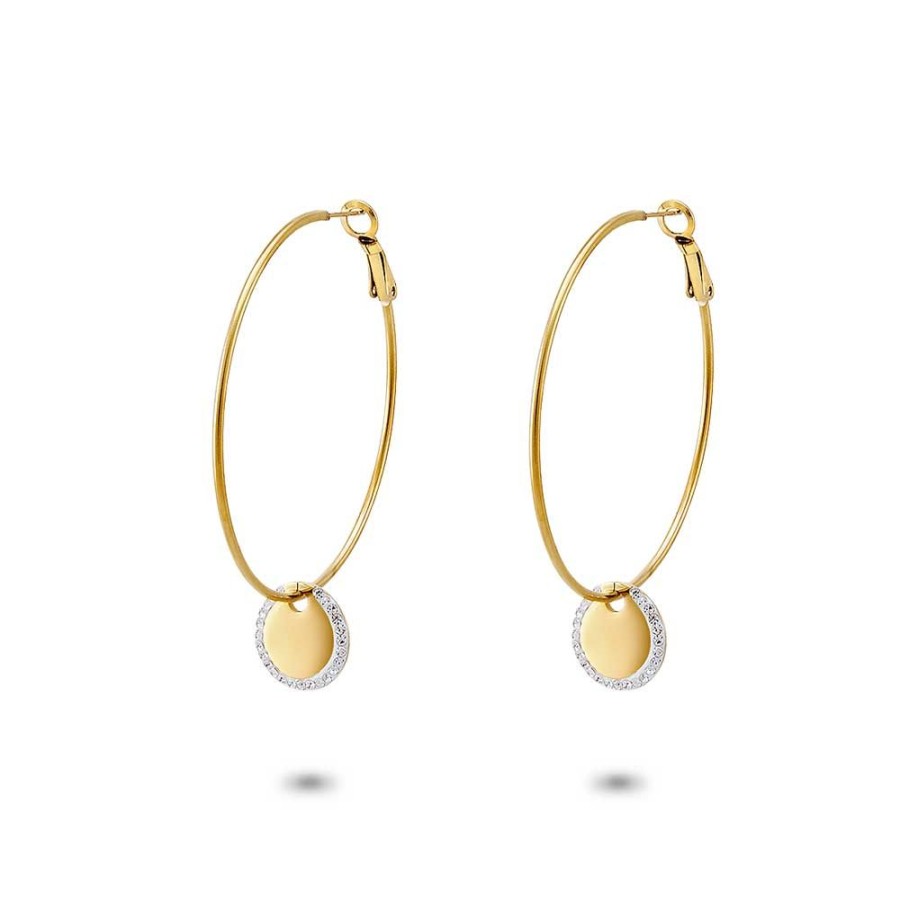 Women Twice As Nice | Gold Coloured Stainless Steel Earrings, Large Hoop Earrings, Round With Crystals