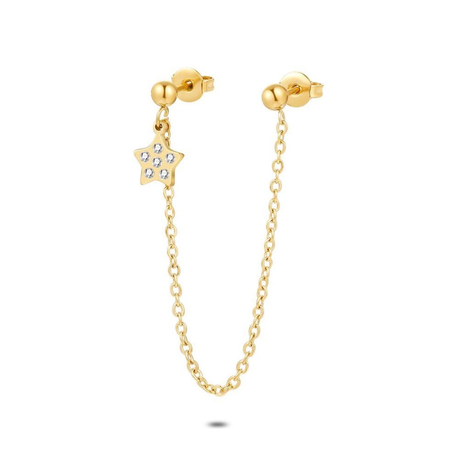 Women Twice As Nice | Gold Coloured Stainless Steel Earring Per Piece, Ball With Star On Chain