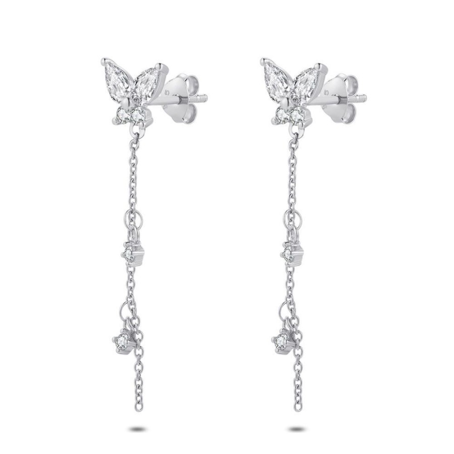 Women Twice As Nice | Silver Earrings, Butterfly, Fine Chain, Zirconia