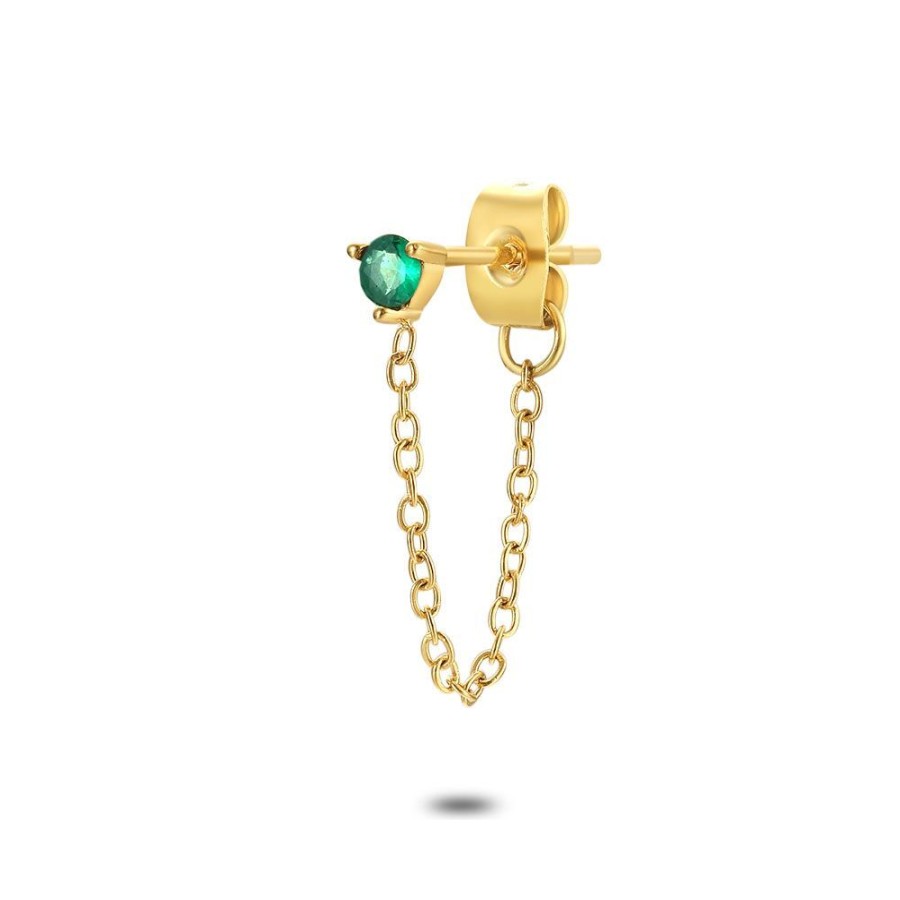 Women Twice As Nice | Earring Per Piece In Gold-Tone Stainless Steel, 1 Green Zirconia