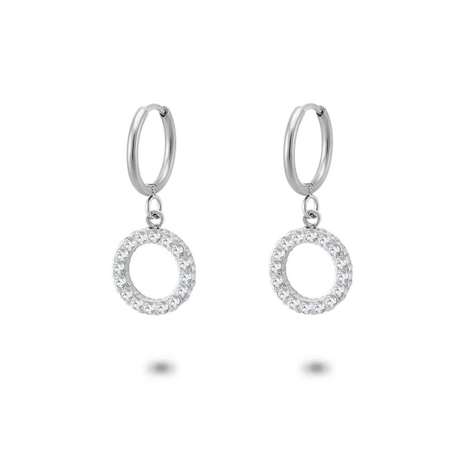 Women Twice As Nice | Stainless Steel Earrings, Hoop With Circle And White Crystals