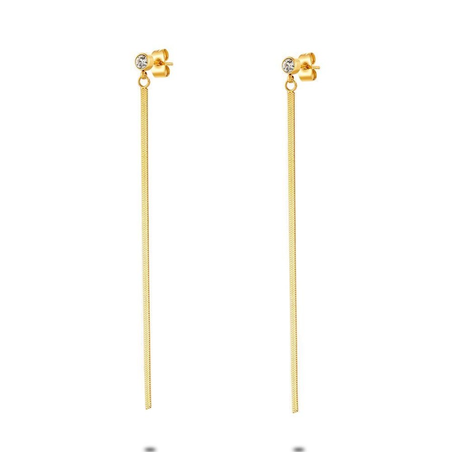 Women Twice As Nice | Gold Coloured Stainless Steel Earrings, Flat Chain, 1 Zirconia