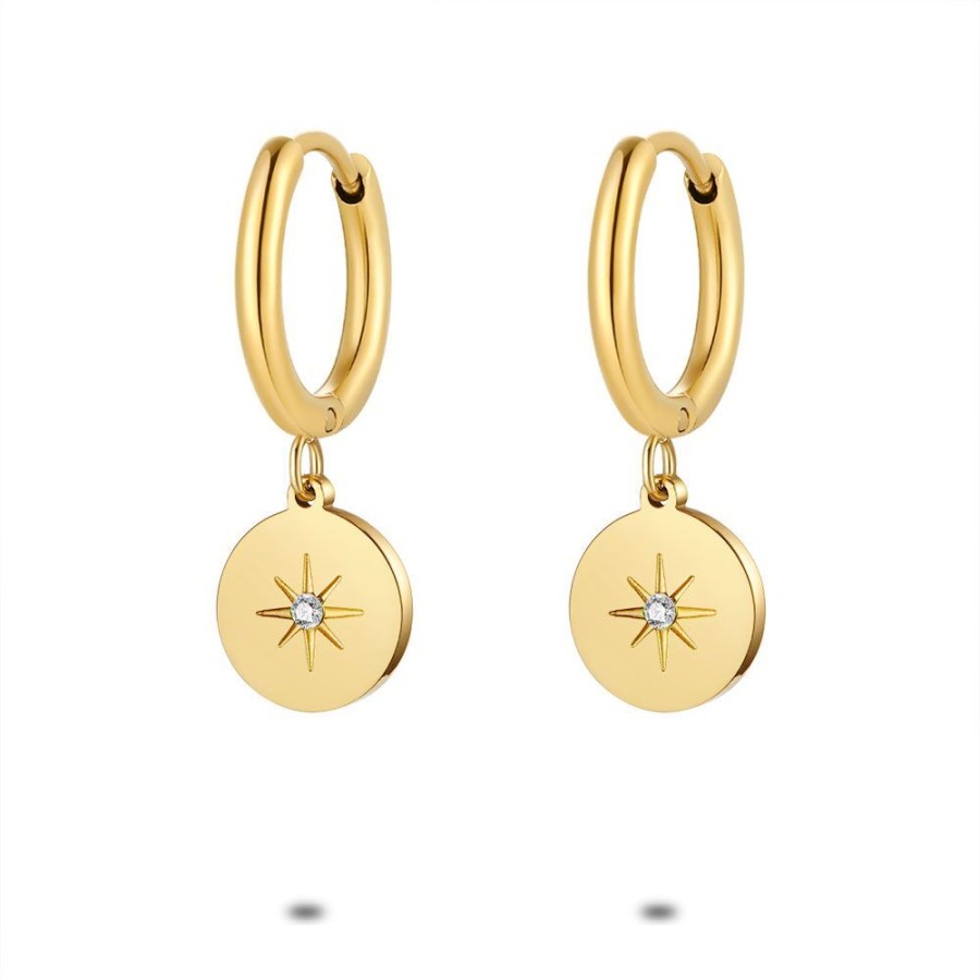 Women Twice As Nice | Gold Coloured Stainless Steel Earrings, Hoops, Round With Star