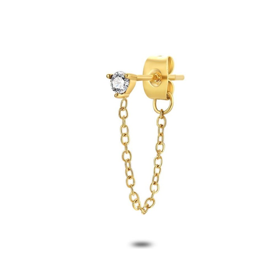 Women Twice As Nice | Earring Per Piece In Gold-Tone Stainless Steel, 1 White Zirconia