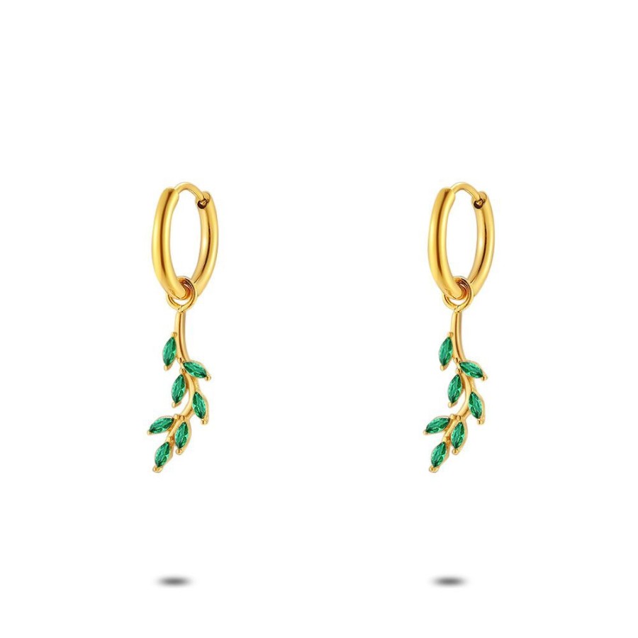 Women Twice As Nice | Gold Coloured Stainless Steel Earrings, Earring And Branch, 7 Green Crystals