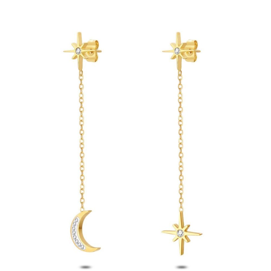 Women Twice As Nice | Gold Coloured Stainless Steel Earrings, Stars And Moon, Zirconia