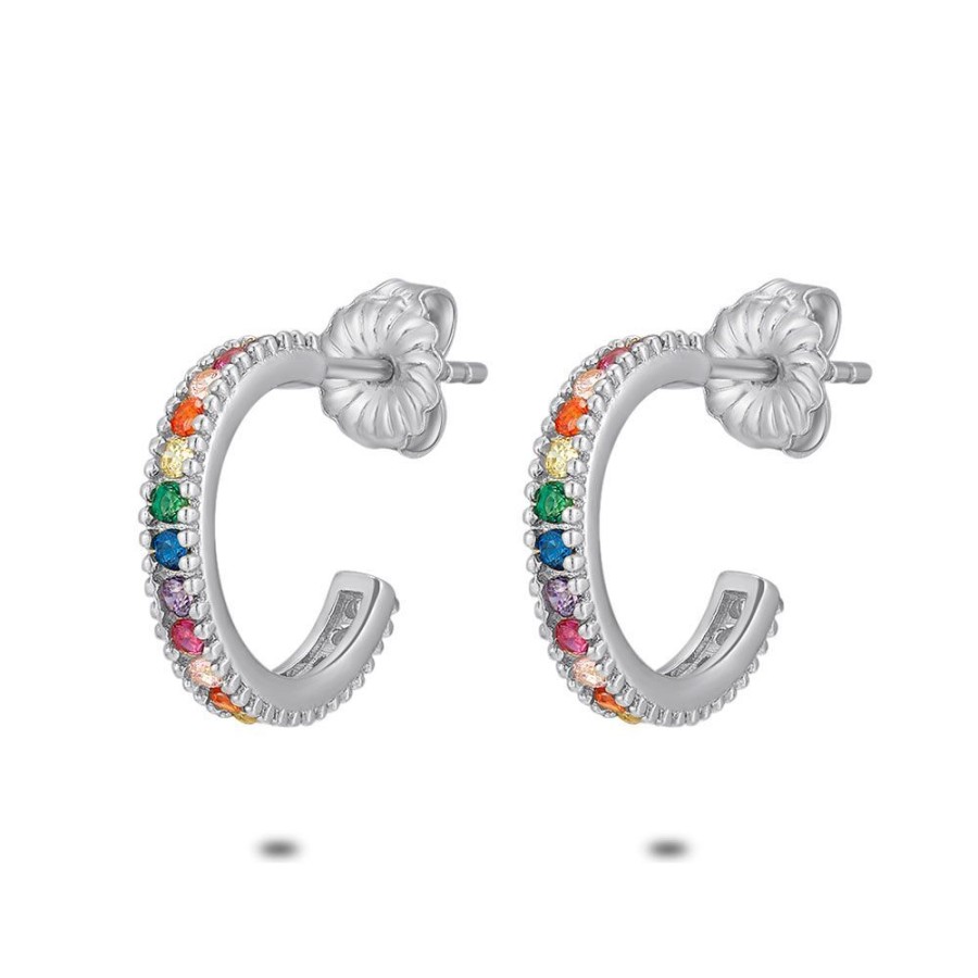 Women Twice As Nice | Silver Earrings, Open Hoops, Multi-Coloured Zirconia