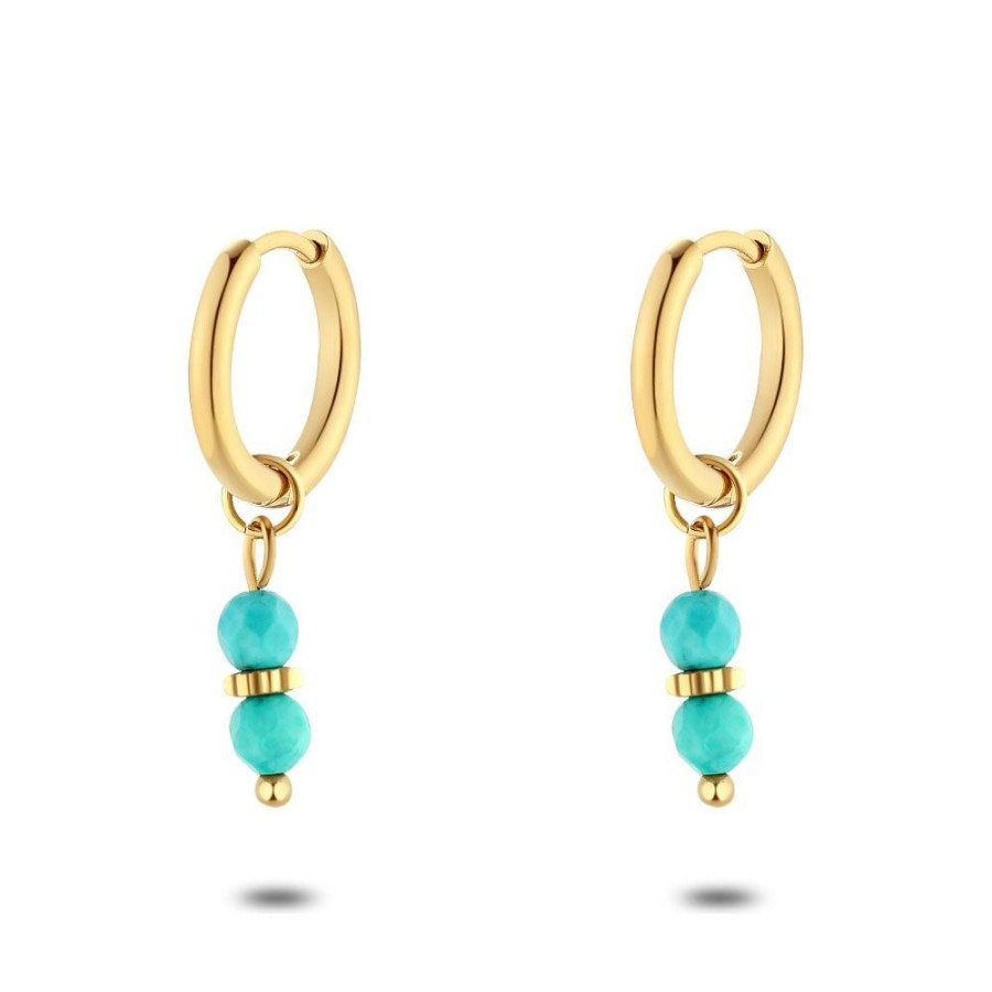 Women Twice As Nice | Gold Coloured Stainless Steel Earrings, 2 Turquoise Stones