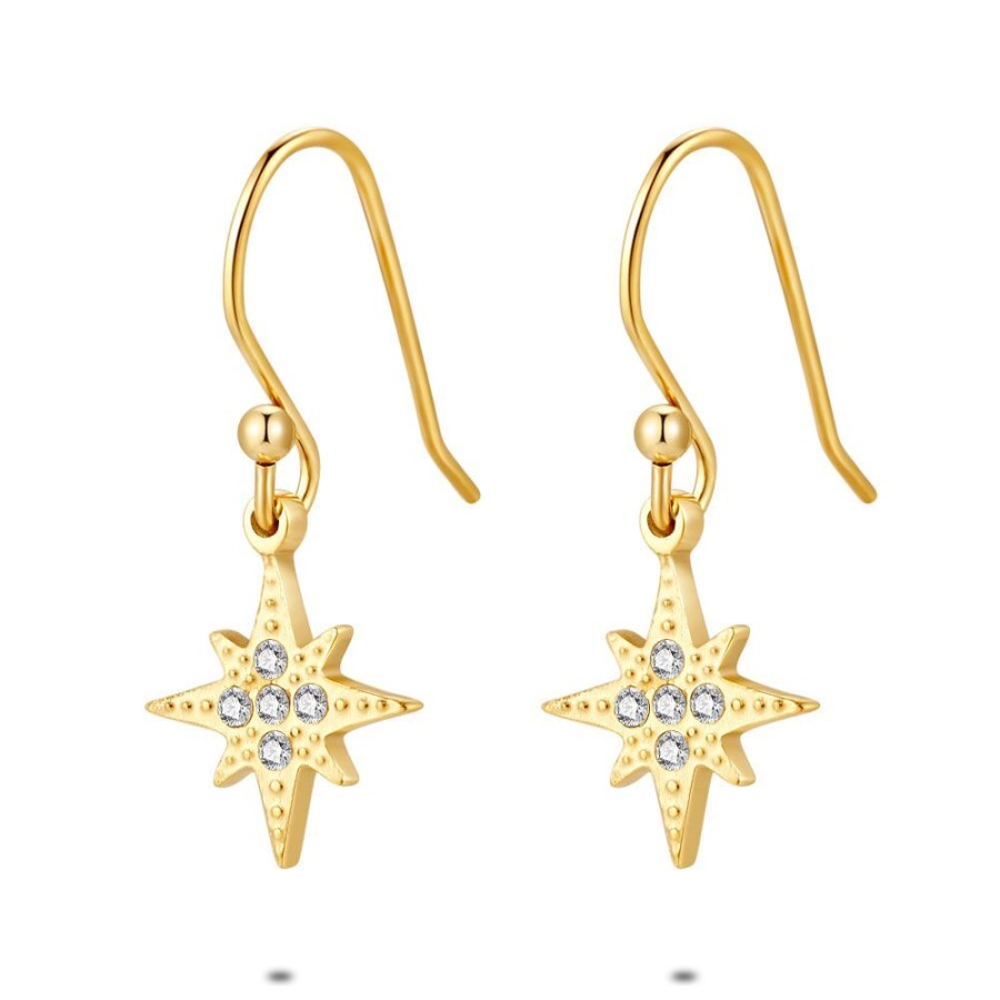 Women Twice As Nice | Gold Coloured Stainless Steel Earrings, Star, Crystals