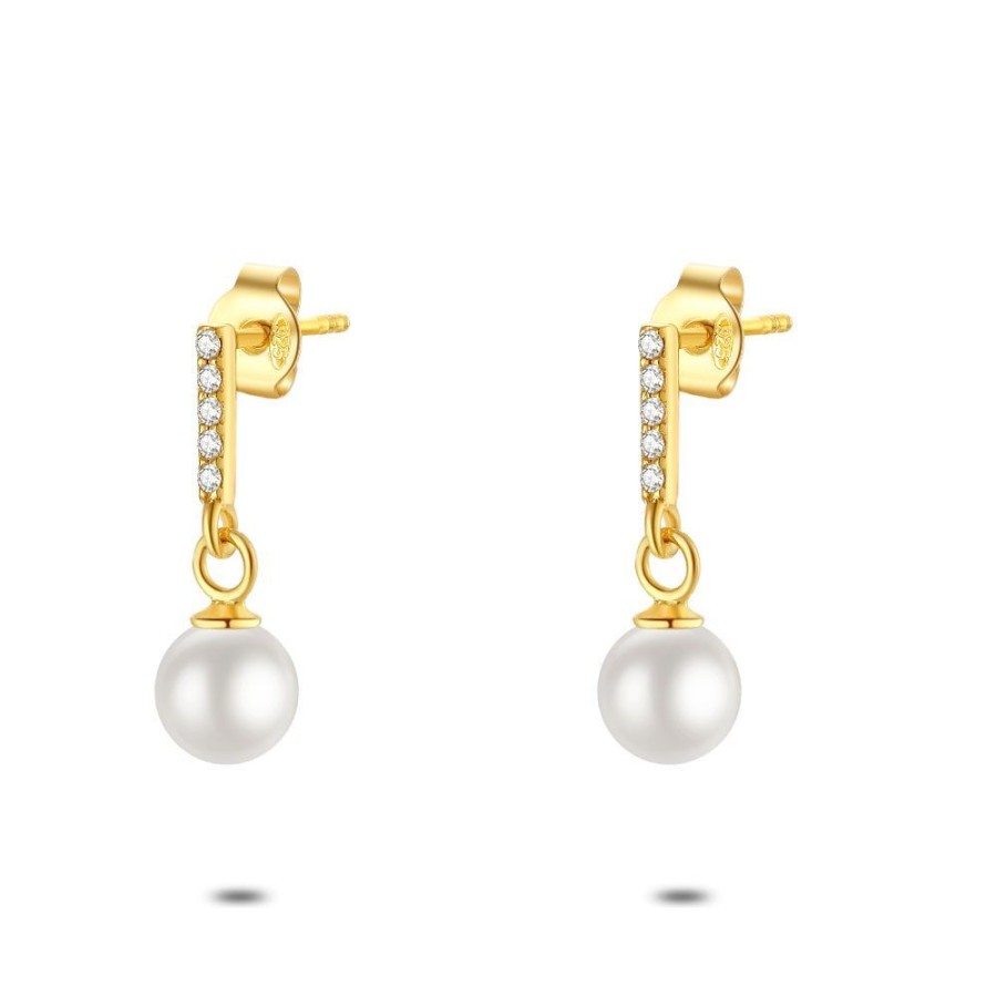 Women Twice As Nice | 18Ct Gold Plated Silver Earrings, Pearl, 5 Zirconia