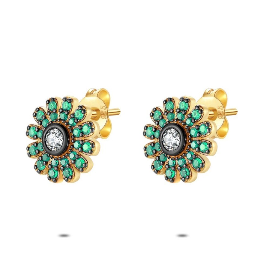 Women Twice As Nice | 18Ct Gold Plated Silver Earrings, Flower, Green And White