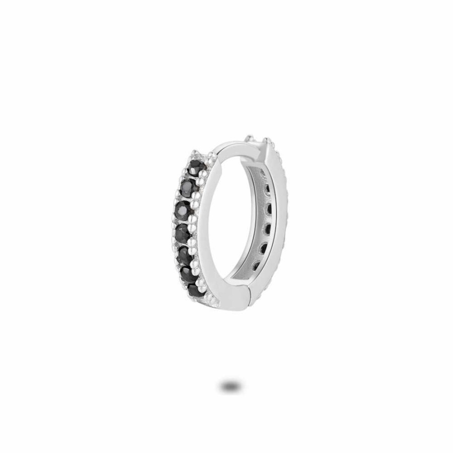 Women Twice As Nice | Silver Earring Per Piece, 12 Mm Hoop, Black Zirconia