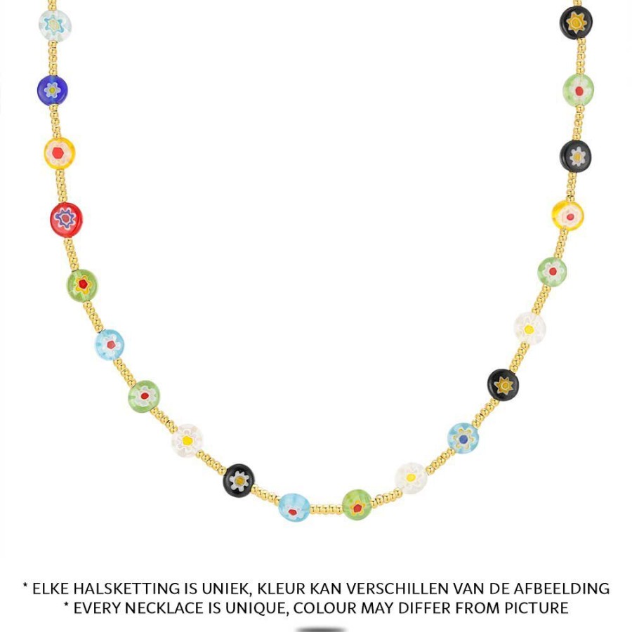 Women Twice As Nice | High Fashion Necklace, Round Multicoloured Flowers, Resin, Gold Beads