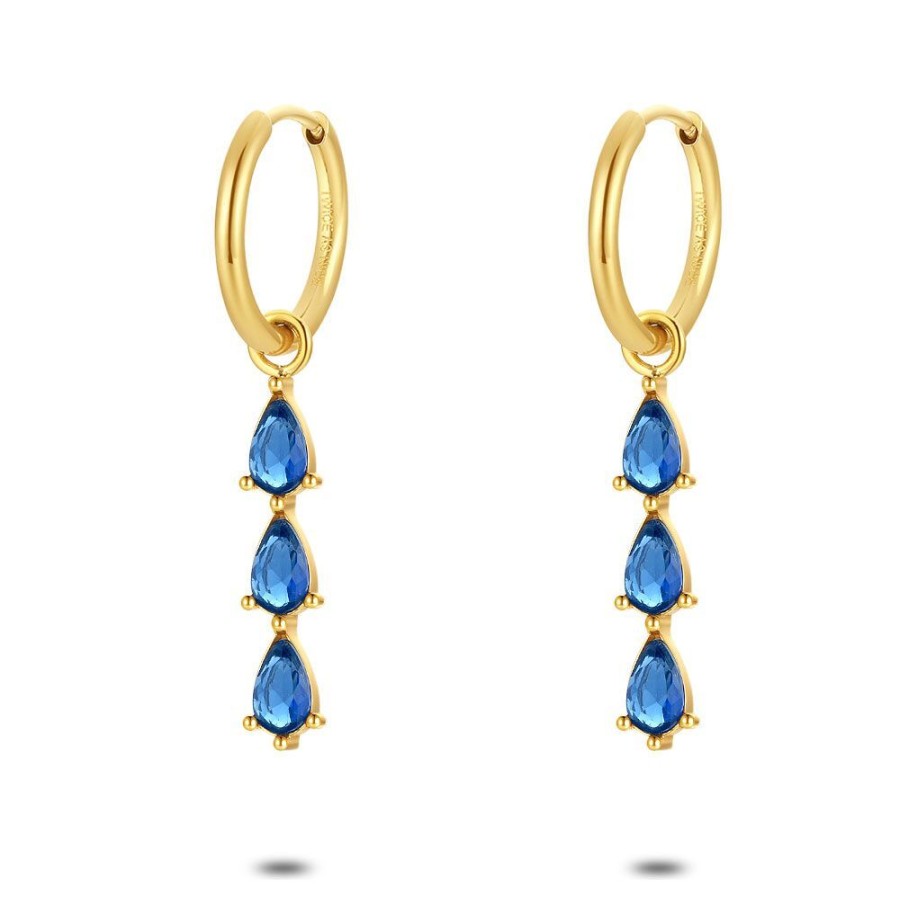 Women Twice As Nice | Gold Coloured Stainless Steel Earrings, Hoop With 3 Drop-Shaped Blue Zirconia Stones