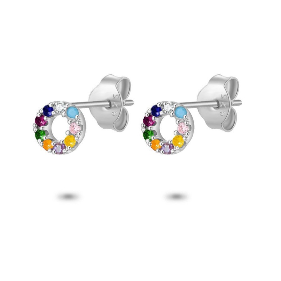 Women Twice As Nice | Silver Earrings, 4 Mm Circle, Multi-Coloured Zirconia