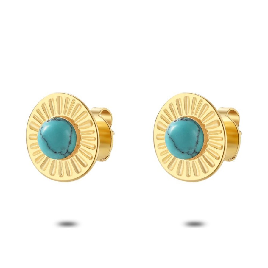 Women Twice As Nice | Gold Coloured Stainless Steel Earrings, Amazonite Stone, Flower