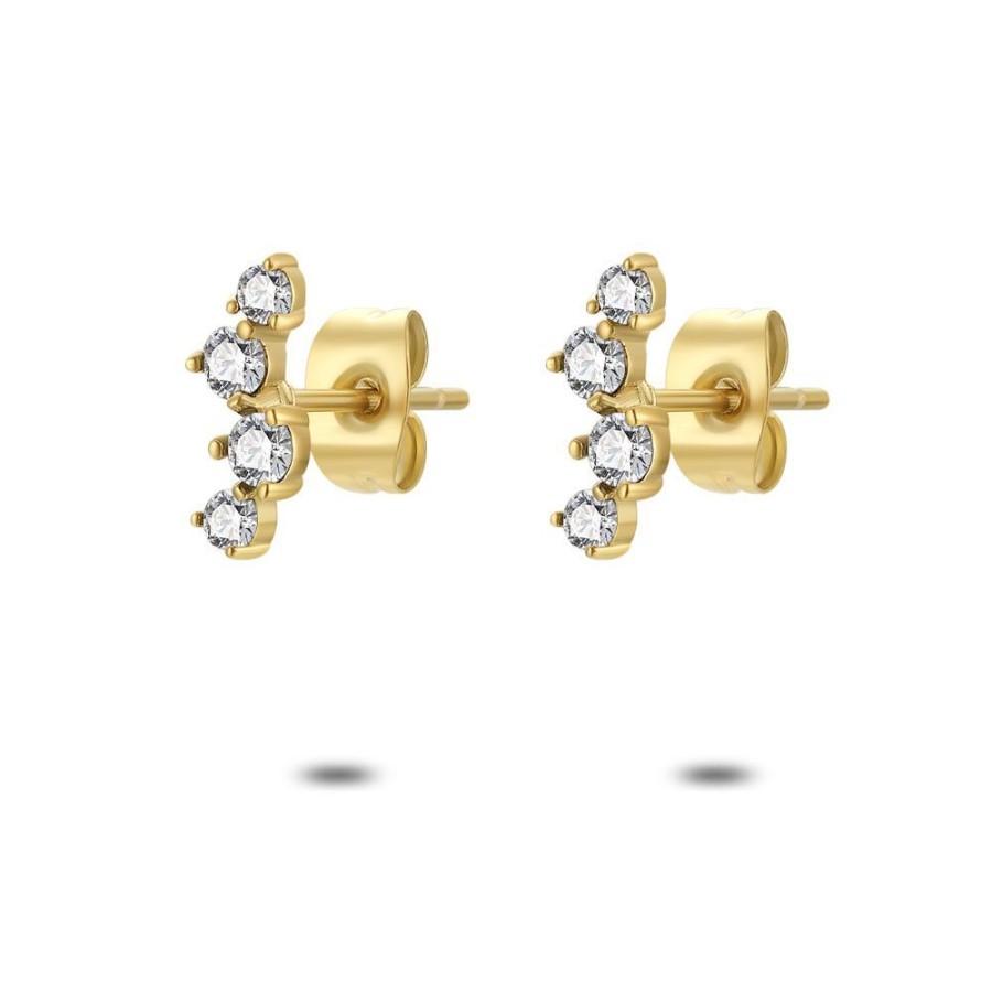 Women Twice As Nice | Earrings In Gold-Tone Stainless Steel, 4 White Zirconia, Zigzag