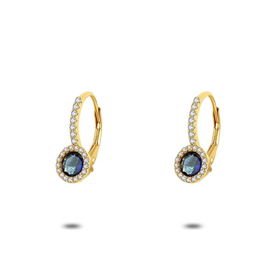 Women Twice As Nice | 18Ct Gold Plated Silver Earrings, Round Blue Zirconia On A Hook