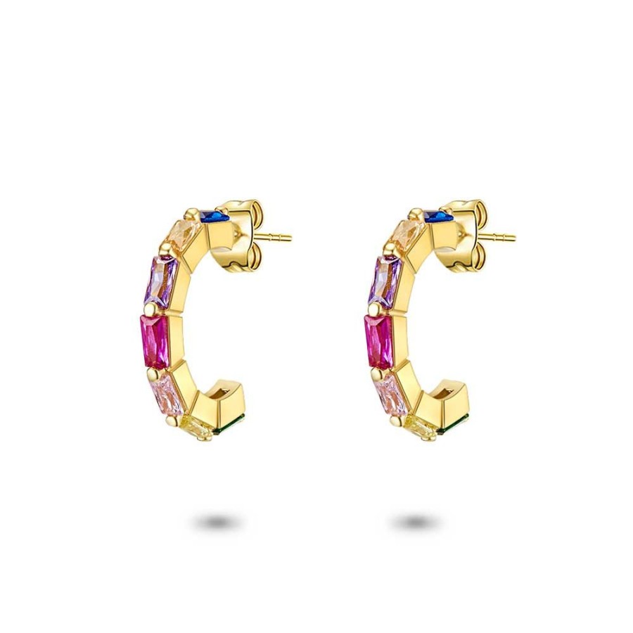 Women Twice As Nice | 18Ct Gold Plated Silver Earrings, Hoop, 7 Multicoloured Emerald Cut Zirconia