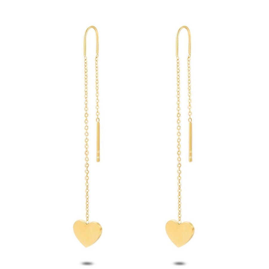 Women Twice As Nice | Gold Coloured Stainless Steel Earrings, Heart On Chain