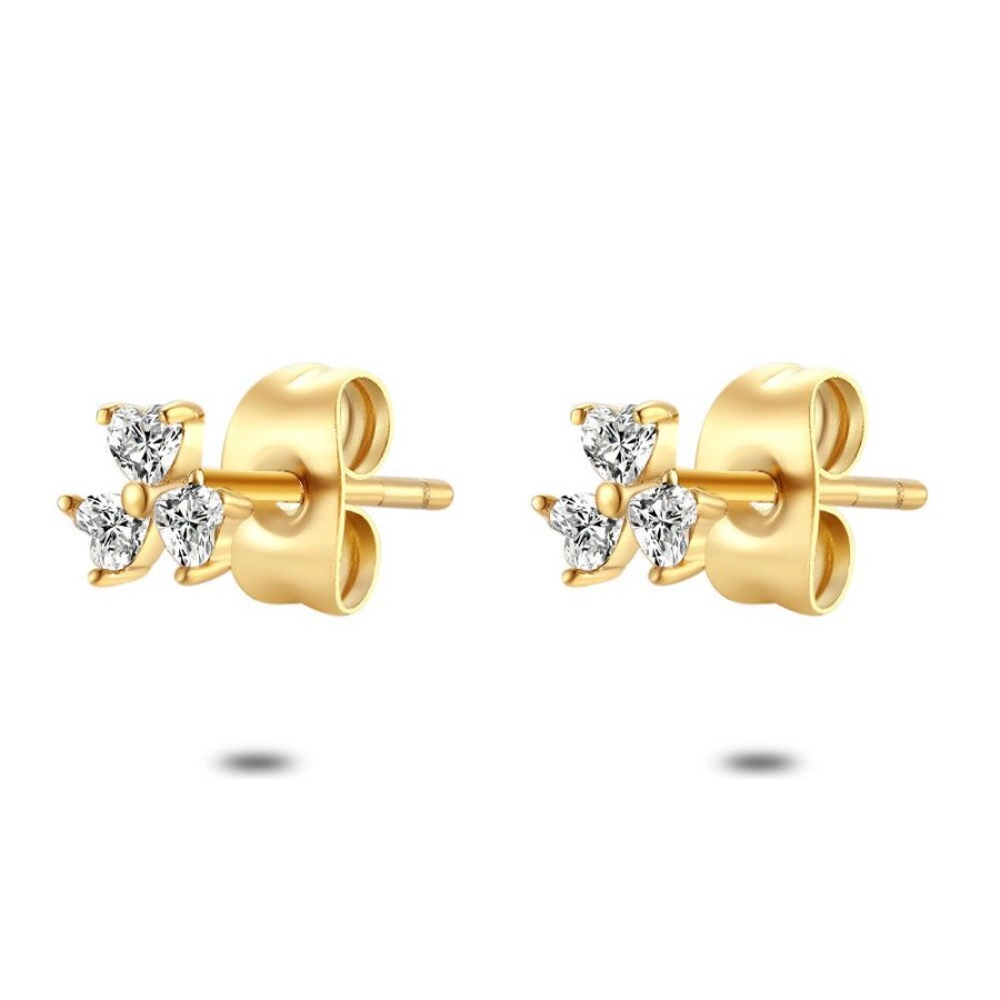 Women Twice As Nice | Earring Per Piece In Gold-Coloured Stainless Steel, 3 Hearts White Zirconia