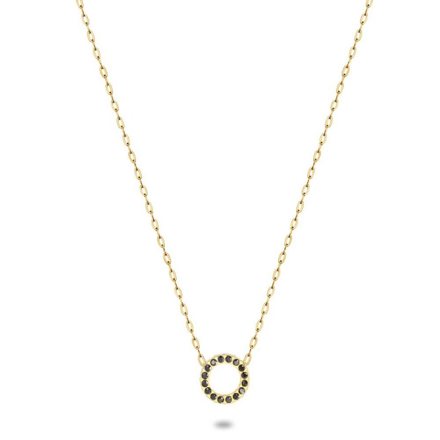 Women Twice As Nice | Gold Coloured Stainless Steel Necklace, Open Circle, Black Crystals